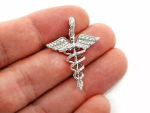 Authentic Caduceus Medical Fancy Pendant Round Cut Simulated Diamond 14k White Gold Plated