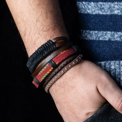 Ensemble de 4 Bracelets Homme Femme Cuir tressé - Corde - Tissage - Photo 1/2