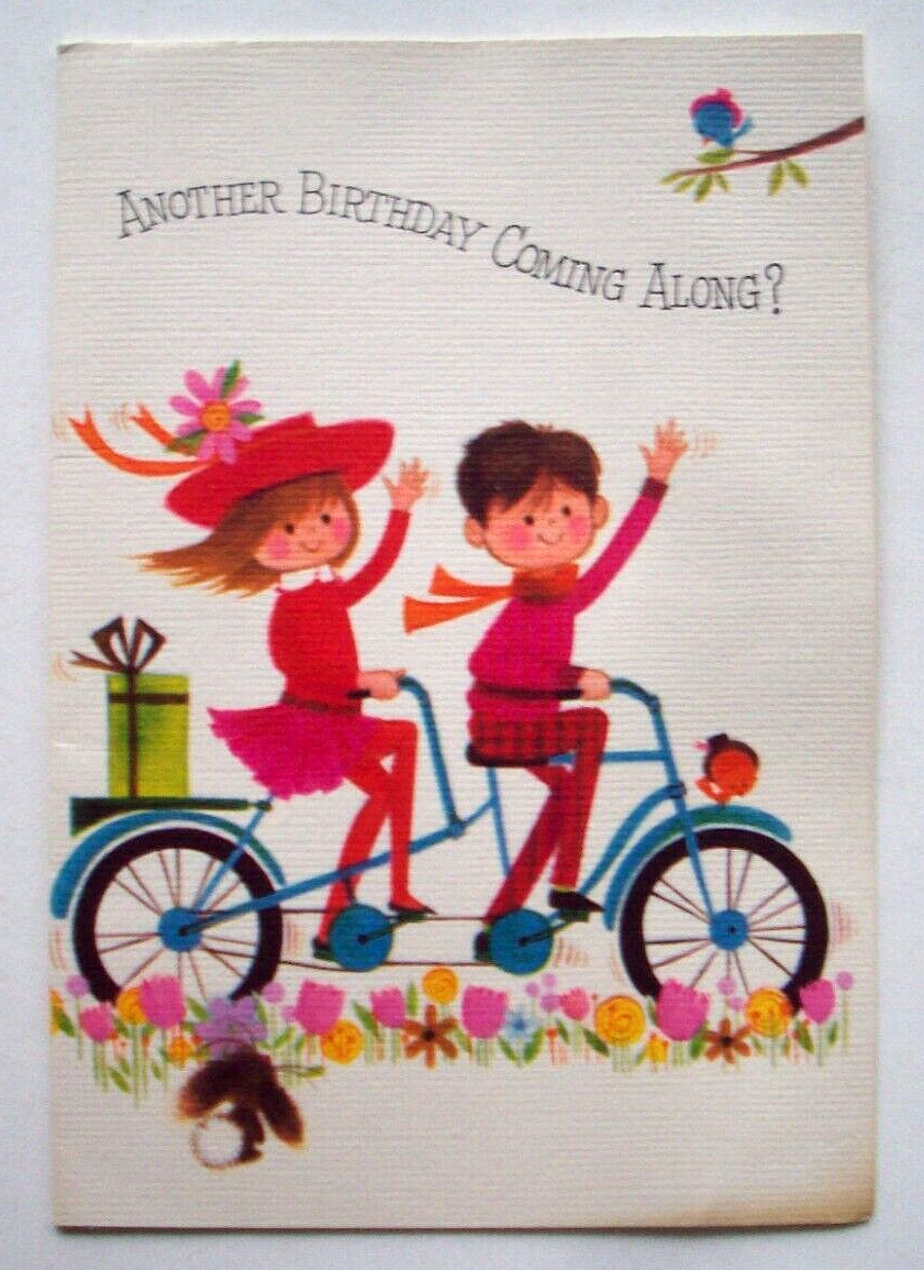 Tandem bike couple w gift birds rabbit vintage Birthday gree