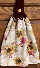 Double hanging kitchen towel sunflowers crocheted burgundy top