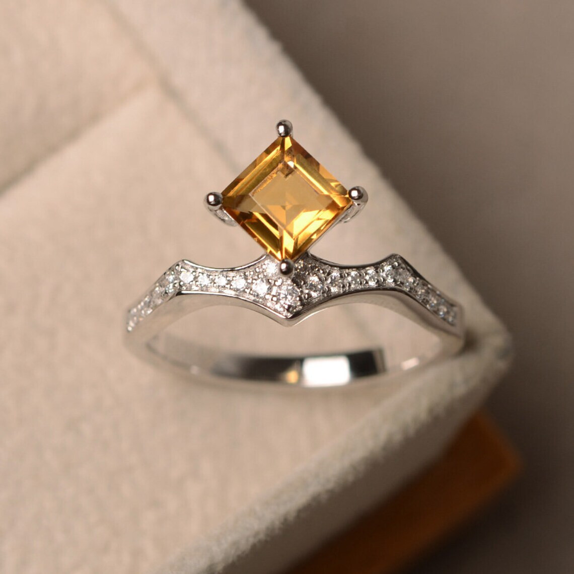 Natural Citrine Engagement Ring in 925 Sterling Silver - Custom Sizes Available  