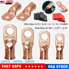10/30Pcs Battery Lugs Copper Ring Terminal Cable Ends Wire Connectors 1/0 - 8AWG