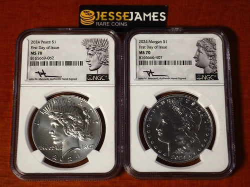 2024 SILVER PEACE & MORGAN DOLLAR NGC MS70 FIRST DAY ISSUE JOHN MERCANTI SIGNED