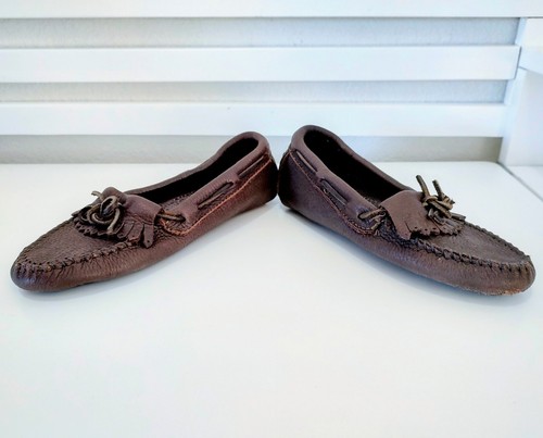Women's Minnetonka Brown Leather Lalced Moccasins Shoes Size 5 #006 - Picture 4 of 7
