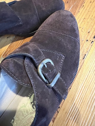 Salvatore Ferragamo Monk Strap Shoes Brown Suede Buckle Stack Heel 8 - Picture 7 of 10