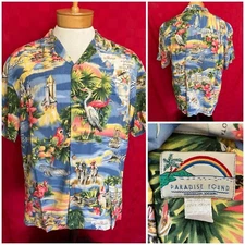 VINTAGE Florida Paradise Found Hawaiian Shirt Size Medium Map Parrot Fishing