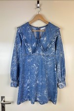 GANNI Bleached Denim Lyocel Mini Dress Peter Pan Collar Long Sleeve Blue S