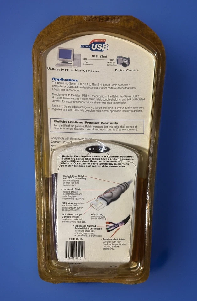 Belkin F3U130-10 USB 2.0 A to 5-Pin Mini-B 10ft Cable NEW SEALED Gold Plated NOS - Image 2 of 2