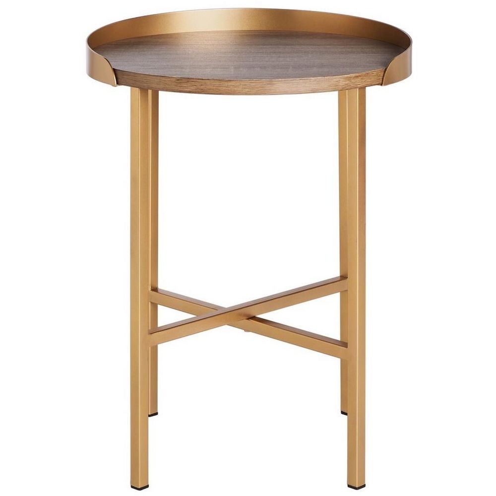 Круглый приставной столик Prague - Светло-серый дуб/Золото - Safavieh.