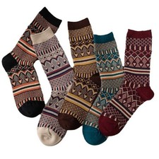 5 Pairs Womens Vintage Cozy Crew Socks Exquisite Patterns Cotton Socks 22-28cm