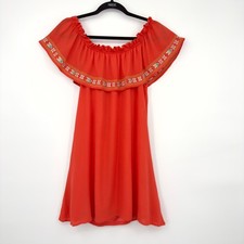 THML Orange Off Shoulder Embroidered Ruffle Overlay Mini Dress M Festival Boho