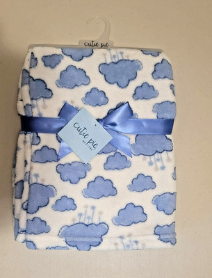 NEW Cutie Pie Blue White Clouds Fleece Baby Blanket Sky Lovey Gift Boy Girl Rain