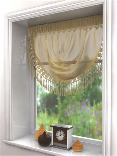 Luxury Macrame Lace Trimmed Latte Voile Decorative Drape Pelmet Window Swag - 第 1/3 張圖片