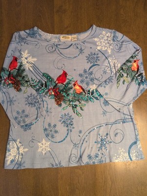 VTG Collections Etc Winter Cardinal Snowflake Embellished Print Shirt Sequin M