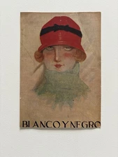 Antique Art Deco Portrait – Blanco y Negro Magazine Cover with Red Cloche Hat 