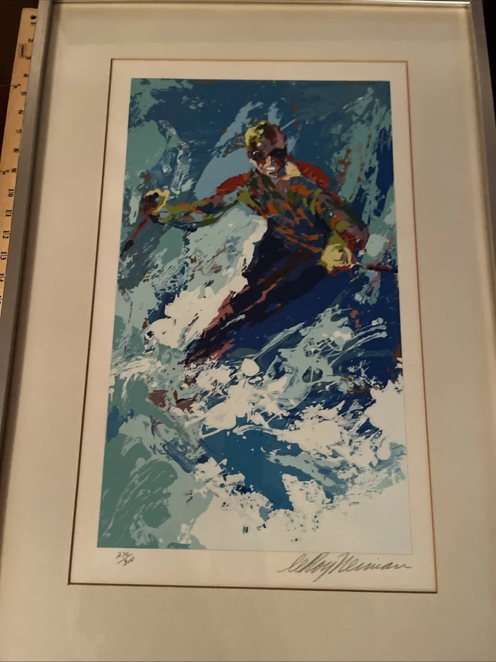 Colorido Firmado Enmarcado LeRoy Neiman Impresión Arte De Colección Descenso Esquiador Invierno Foto 3 de 4