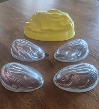 Vintage Tin Nutbrown 4 x Rabbit Jelly Mousse Pate Cake Moulds + plastic mould