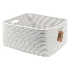 Cotton Rope Woven Basket 17x13x7.5 Inch Storage Bin Handle Organizer All White