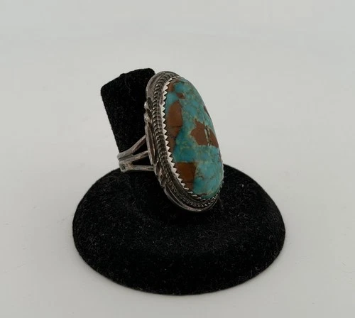 Large Vintage Navajo silver and turquoise ring Sz8 Oval Elongated Native Signed