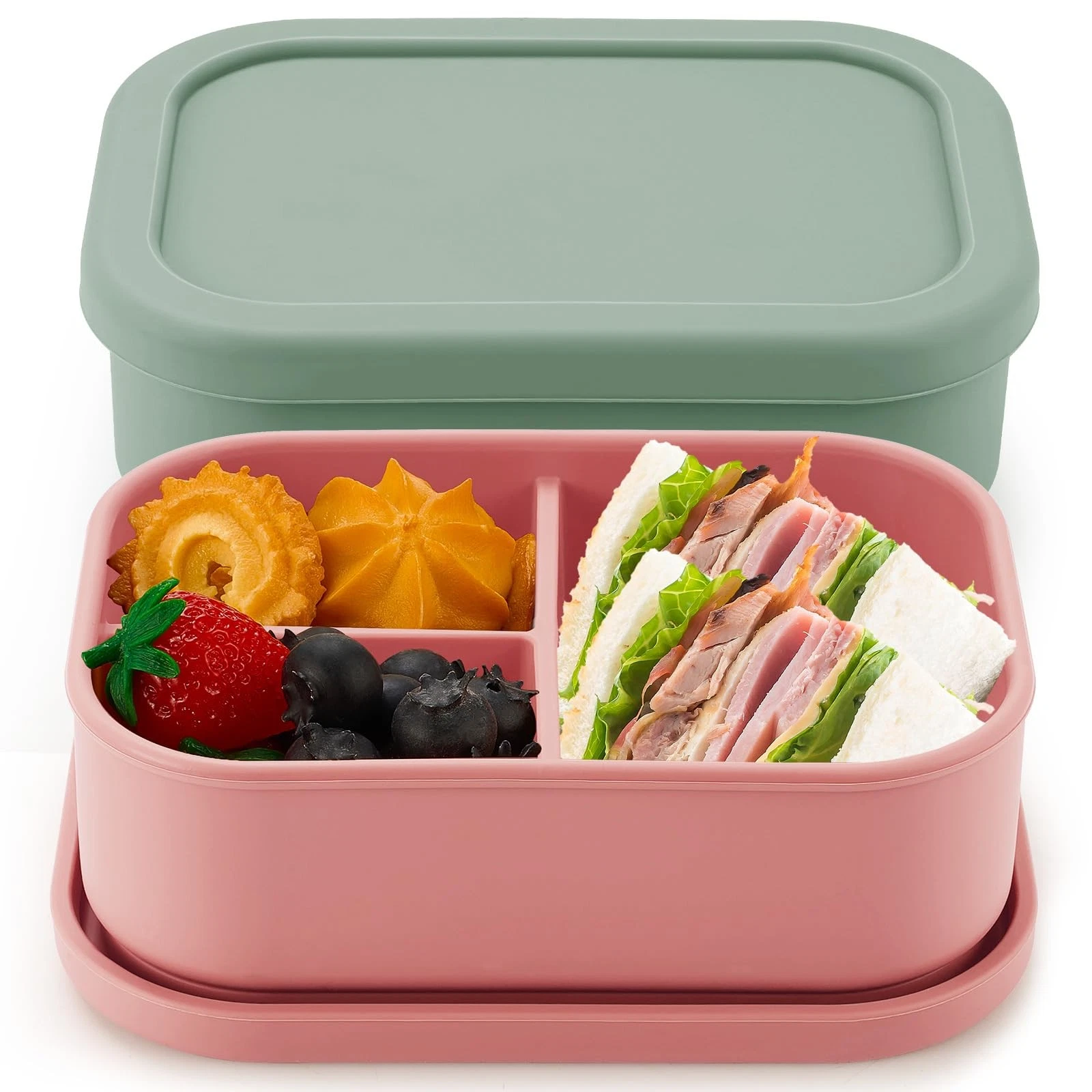 Layhit 2 Pcs Silicone Bento Box Reusable Lunch Container Microwave Dishwasher Fr