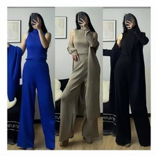 Women 3-Piece Knit Set Long Cardigan Vest Top Wide Leg Pants Casual Lounge Wear