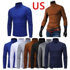 Mens Long Sleeves Top Mock Neck T-Shirt Slim Fit Tops Solid Color Undershirt