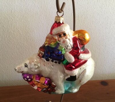 Vintage CHRISTOPHER RADKO Christmas Ornament Santa Riding Bear Back POLAR Glass