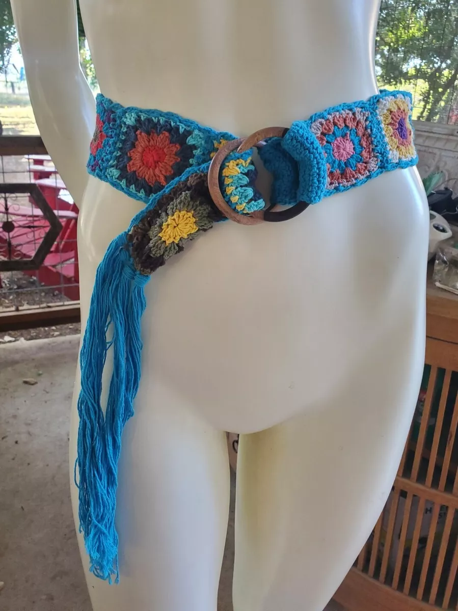 Vintage Hand Crochet Cotton Squares Bohemian Tasseled Festival