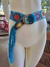 Vintage Hand Crochet Cotton Squares Bohemian Tasseled Festival Wide Belt 31"