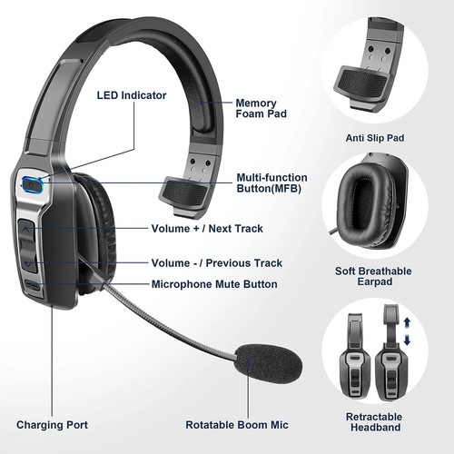 AI Trucker Headset Wireless Bluetooth 5.2 Noise Cancelling Mic For Phones PC US - Picture 12 of 12