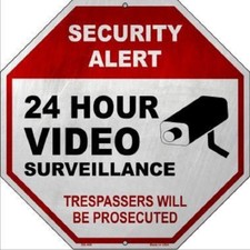 SECURITY ALERT 24 HOUR VIDEO SURVEILLANCE METAL NOVELTY OCTAGON SIGN
