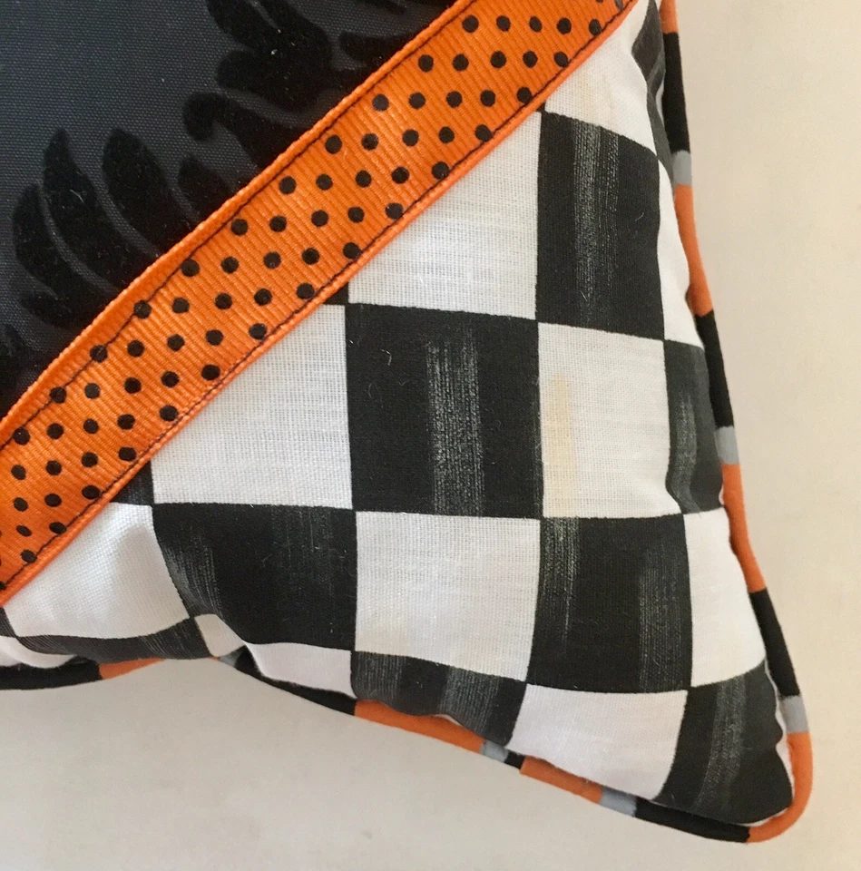 Black Damask Orange Square Diamond Check Pillow Mackenzie Childs Napkin - Image 2 of 4