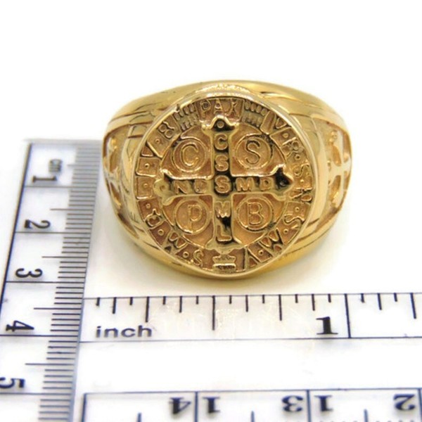 Alternate view of Gold Plated Saint Benedict Medal Men’s Ring, Religious Cross Design, Vintage Cat
