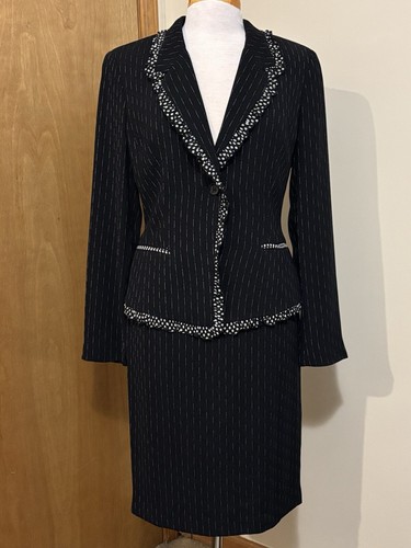 Alberto Makali Black Pinstripe Ruffled Trim Polka Dot Skirt Suit Sz 10 Vintage - Picture 2 of 13