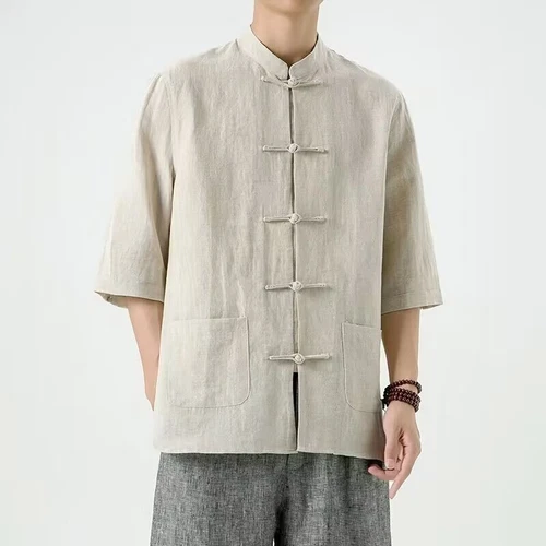 Chinese Tang Traditional Suit Men Retro Shirt Kung Fu Tai Chi Jacket Hanfu Top - Foto 31 di 31