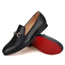 FERUCCI Black Leather Slippers loafers with Gold Horsebit Wedding Prom Shoes