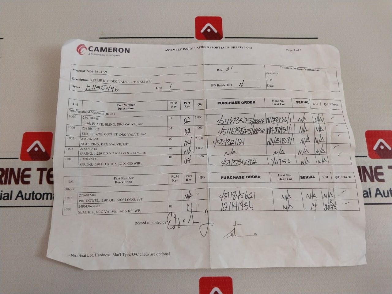 CAMERON 2406436-31-99 DRG Valve Repair Kit 2395468-01-27-02 REV 02