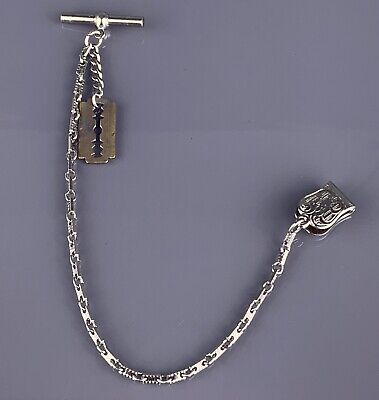 Single Albert Pocket Watch Chain Razor Fob Silver Tone Square