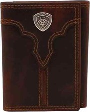 Ariat Western Men Wallet Trifold Leather Center Shield Concho Brown A3550102
