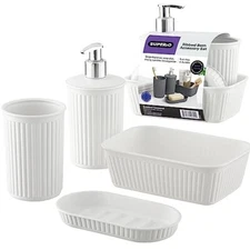 Superio Decorative Ribbed Bathroom Accessory Set, Plastic - White (4 Pack)