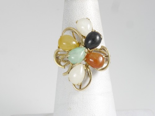 Vintage 14k Yellow Gold Multi Color Jade Waterfall Cluster Cocktail Ring - Picture 2 of 5