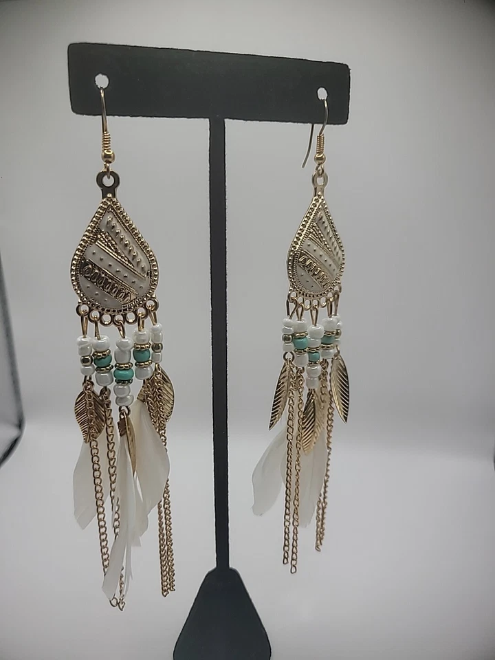 Gold Tone Hook Earrings Womens Drop Dangle Feathers Tassel Jewelry Costume - Image 3 of 4