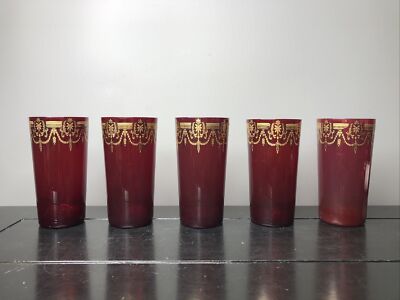 Set of 5 Vintage Ruby Red Water Glass with Gold Trim 5 1/2" Tumblers | eBay