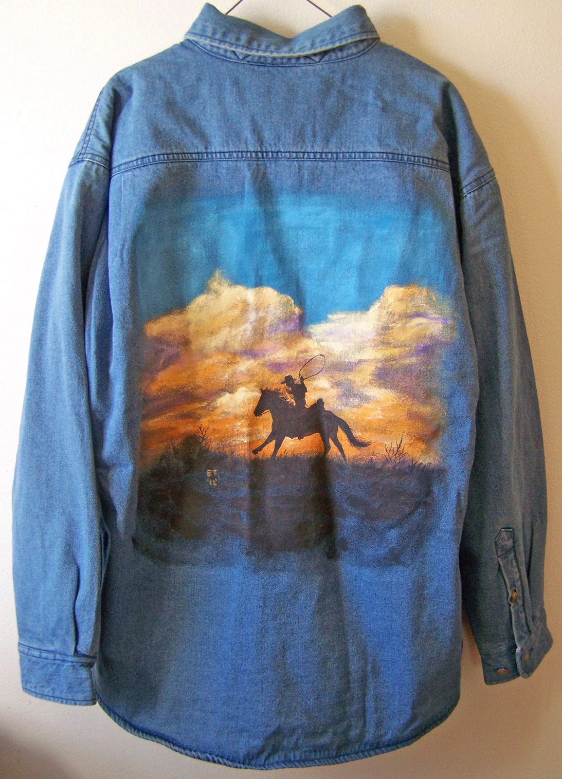 Handpainted Denim Fleece Jacket with Cowboy Silhouette