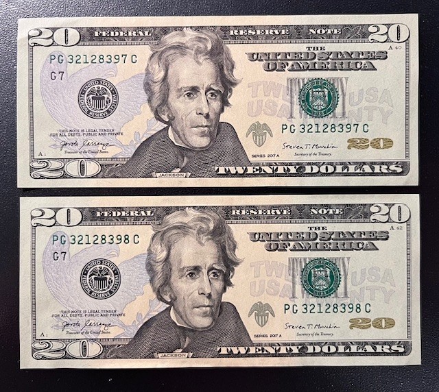 2 Twenty Dollar Bills with Sequential Serial Numbers PG32128397C & 98C sb2-26