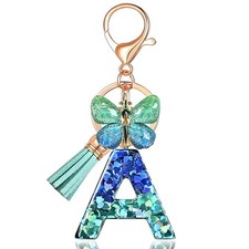 JINGUAZI Initial letter Keychains for Women Tassel Butterfly Pink A-blue Green