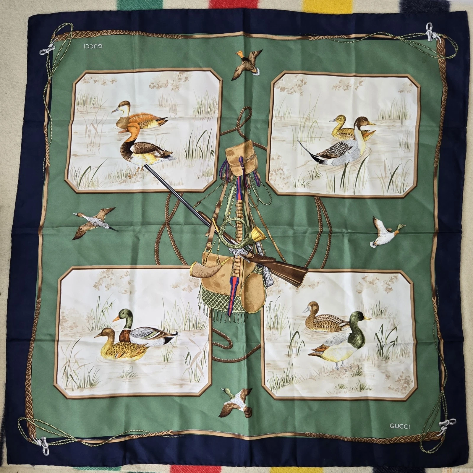 Rare Vintage 80s GUCCI Silk Scarf 34" Mallard Hunting Motif Animal Print Square