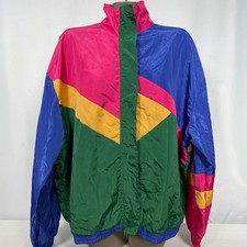 80s 90s Style Color Block Pink Green Blue Windbreaker Full Zip Jacket Women's XL