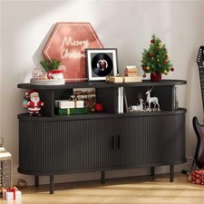 55 Round Turntable Stand with Charging Station Vinyl Storage Mid Century Modern