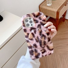 Leopard Print Mirror Plush Case For iPhone Samsung Girls Warm Fluffy Phone Cover